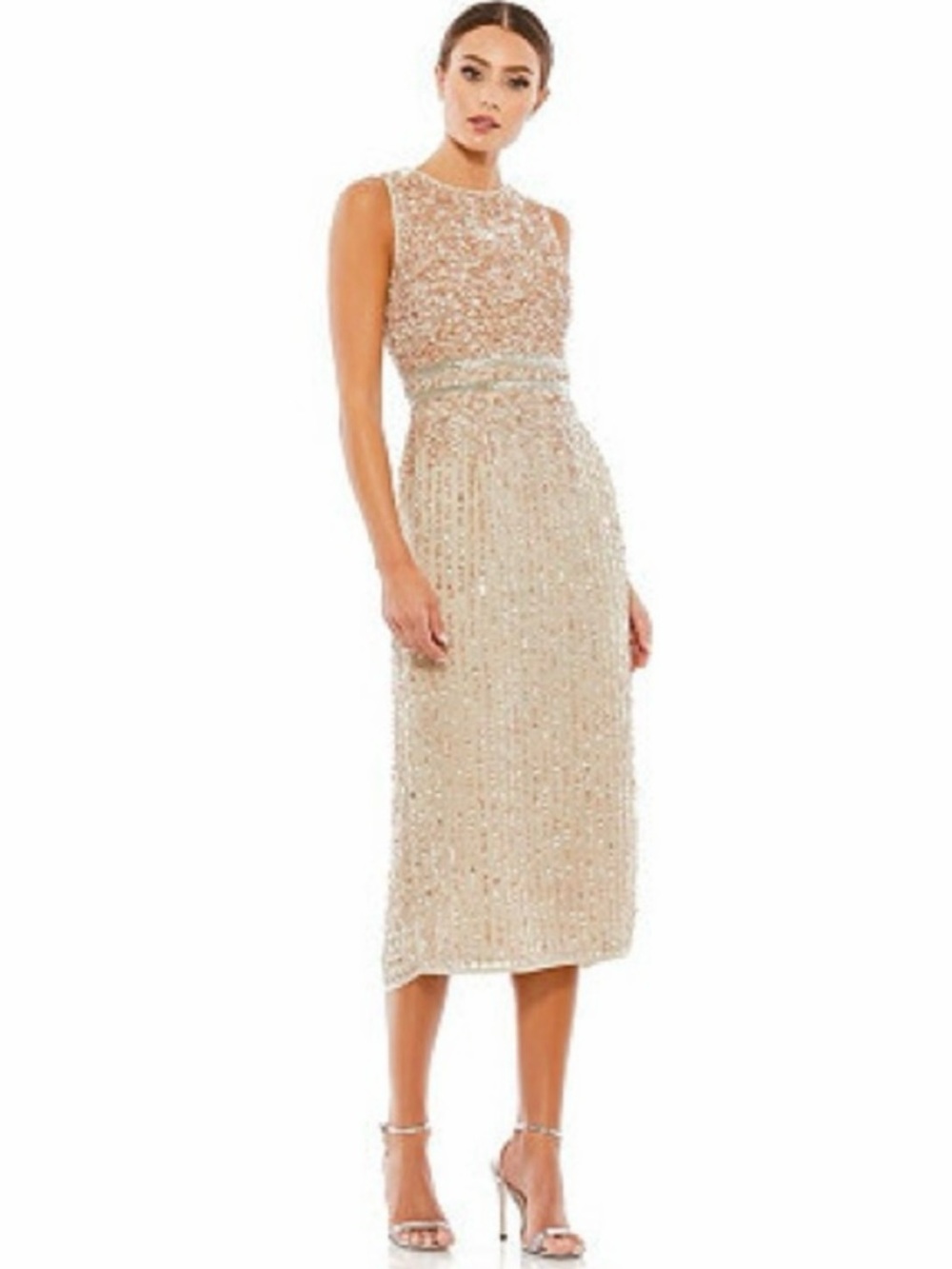 MAC DUGGAL Sequin Sleeveless Sheath Midi Cocktail Dress NEW Size 10 Beige